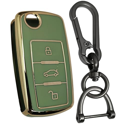 Image of KEYCEPT TPU Key Cover Compatible for Skoda Octavia, Laura, Superb, Fabia, Rapid, Polo, Vento, Jetta, Ameo, Passat 3 Button Remote flip Key (Type 1, Green).