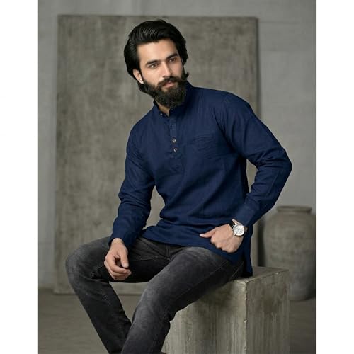 Image of Men's Cotton Regular Short Kurta | Casual & Ethnic Wear with Long Sleeve