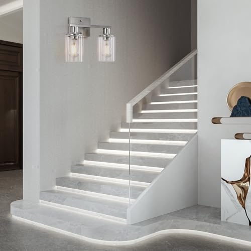 Image of Brushed Nickel Bathroom Light Fixtures Over Mirror,2-Light Bathroom Vanity Light with Clear Glass Shade,Modern Farmhouse Wall Sconces Lighting for Mirror Kitchen Living Room Cabinet