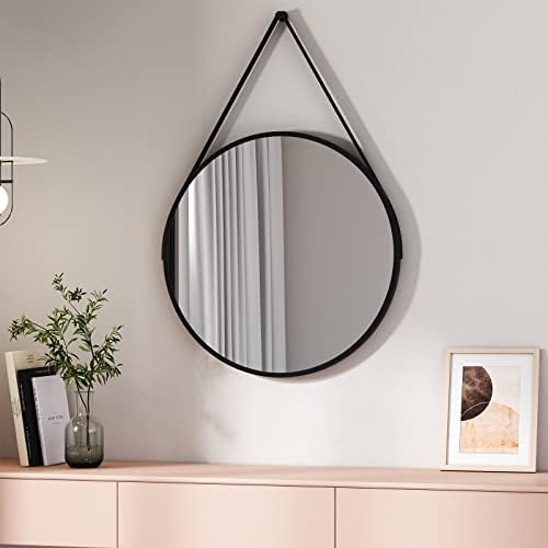 EMKE Round Mirror for Wall - 50cm PU Leather Circle Hanging Mirror, Metal Frame Small Wall Mirror with Strap for Bathroom Bedroom Dressing Room Entryway Decor