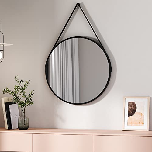Image of EMKE 60cm Round Wall Mirror, Black Frame Hanging Mirror for Bathroom