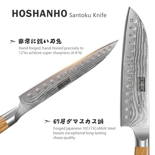 HOSHANHO Damascus Santoku Knife 7 Inch, Professional Japanese Damascus Super Steel Kitchen Knife, Cooking Knife with Durable Ergonomic Olive Wood Handle