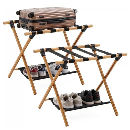 HOMCENT Lot de 2 Porte-Bagages Pliables – Double Couche avec 4 Sangles, Tabouret de Valise pour Hôtel et Maison, 64x45x52 cm, Naturel