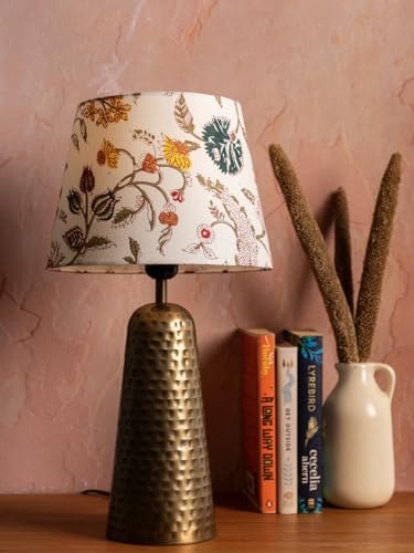 Image of Green Girgit Golden Hammered V-Shaped Lamp with Multicolor Taper White Shade, Decorative Table Lamp with Hammered Metal Base, Floral Pattern Fabric Shade, Antique Brass Finish (LED Bulb Included)