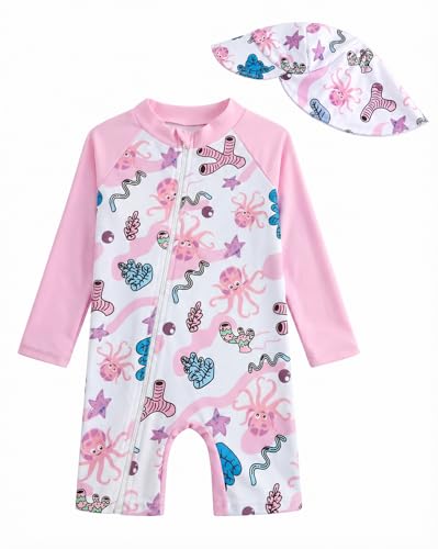 JiAmy Baby Boy Rash Guard Swimsuit Long Sleeve One Piece Bathing Suit Infant Toddler Swimwear with Sun Hat Pink Octopus 9-12 Months