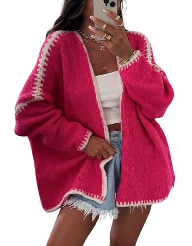 Image of chouyatou Women Fall Open Front Color Block Cardigan Sweater Casual Striped Chunky Knit Oversized Cardigan