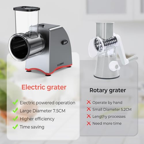Electric Cheese Grater, Salad Maker with 5 Replaceable Multi-use Blades, 250W Electric Cheese Shredder, One-Touch Kitchen Slicer Salad Machine for Vegetables, Fruits, Cheeses, Nuts