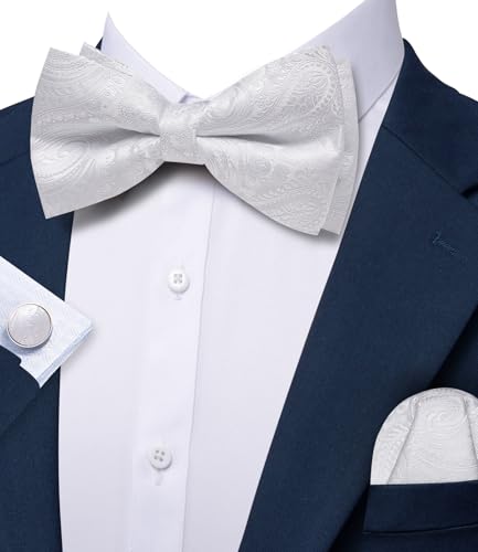 Image of YOHOWA Paisley Striped Men Bow Tie Pre-Tied Formal Adjustable Colorful Bowties Handkerchief Cufflinks Set Wedding Party