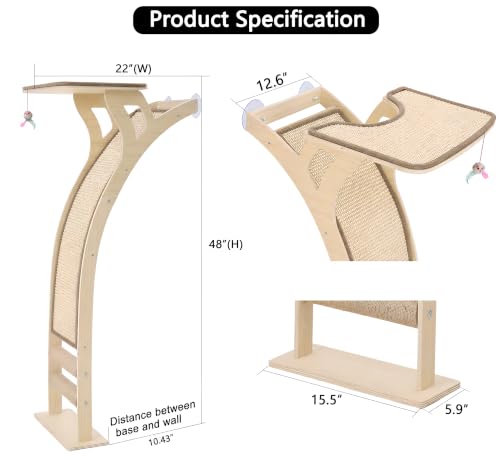 Image of Cat Window Perch with Scratcher Ramp, 48 inch Climbing Tree Suctions Cups to Window Maximum Hold Up to 45lb, Wood Kitty Bed for Small Window (Drilling-Free)