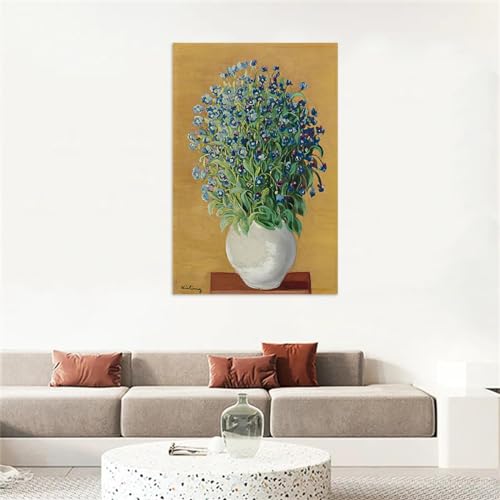 Tableau abstrait fleurs bleues grand format déco murale vintage toile