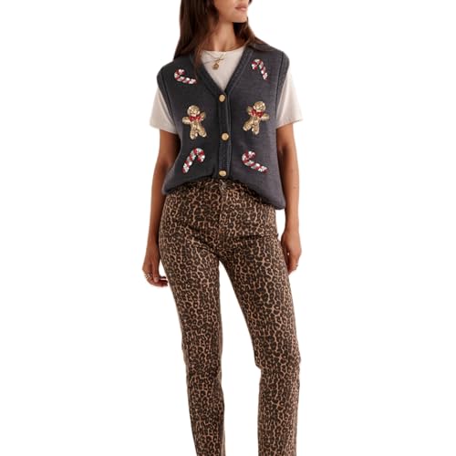 Image of Women Christmas Sweater Vests Santa Claus Print Sleeveless Knit Cardigan Vest Christmas Holiday Tank Top