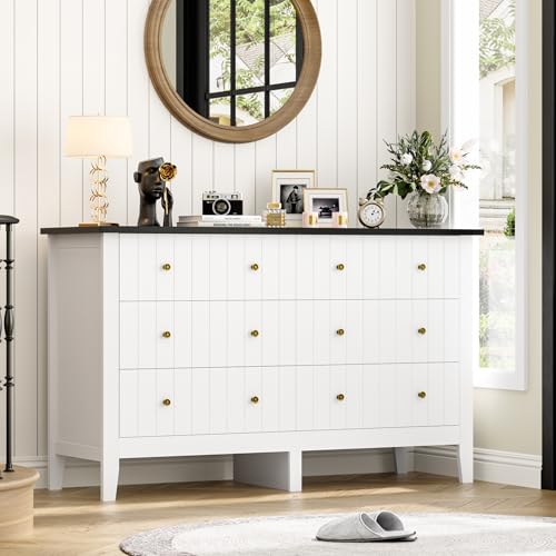 Image of FOTOSOK White Dresser, Chest of Drawers, Modern 6 Drawer Double Dressers with Deep Drawers, Nursery Dresser for Baby, Wide Storage Organizer Cabinet for Living Room, Hallway, White&Black