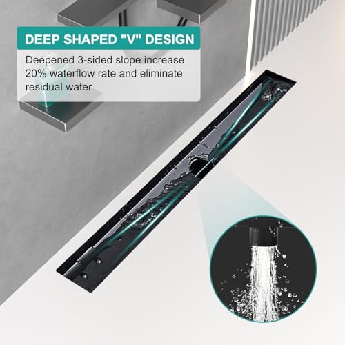 Image of BARONAGE Linear Shower Drain 32 Inch Rectangular Floor Drain with Removable Square Hole Cover and Hair Catcher, Long Shower Drains 304 Stainless Steel CUPC Certified (Matte Black)