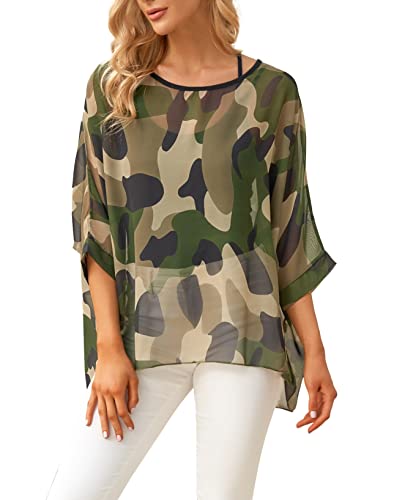 Nicetage Tropical Shirts Sheer Chiffon Blouses for Women Boho Batwing Tops Floral Bat Wing Tunics Plus Size Spring Clothes