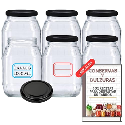 6 Tarros de Cristal de 1000ml con Tapas + Ebook con 102 Recetas para Conservas - Botes de 1 Litro con Tapa de Rosca - Cierre Hermético para Alimentos Caseros - Incluye Etiquetas (Tapas Negras)