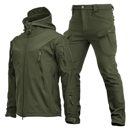 RVUEM Giacca Tattica, Giacche da Caccia Softshell, Uniforme Mimetica Impermeabile dell'Esercito, Tuta Mimetica Militare, Giacca E Pantaloni Tattici da Uomo, Impermeabile, Leggero,Verde,L
