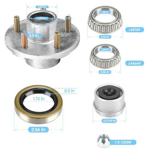Image of SEHNSUCHT Trailer Wheel Idler Hub Kit, 5-Hole, 4.5 inch Bolt Idler Hub for 3500lb Trailer Axles, Fit 1-1 /16 inch to 1-3 /8 inch Tapered Shaft, Trailer Wheel Hub(Set-2 Hot Dip Galvanized, Not Fit Straight Shaft)
