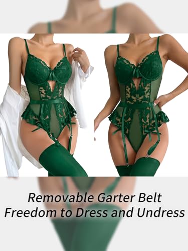 Image of Lilosy Sexy Stocking Lace Mesh Bodysuit Top Underwire Garter Lingerie Set 3 Piece