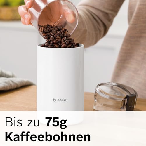 Foto von Bosch Kaffeemühle TSM6A011W, Edelstahl-Schlagmesser, Sicherheitsfunktion, 180 W, 75g Bohnenbehälter, elektrisch, weiß