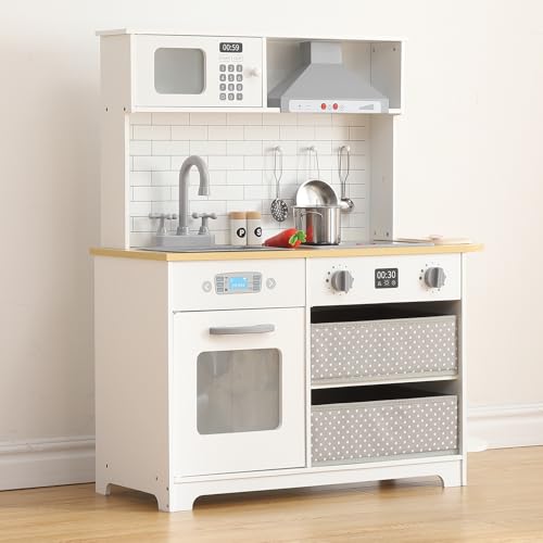 Wooden Play Kitchen for Kids - Innovative Corner Design, Realistic Cooking Sounds, Complete Accessories, Ample Storage Space, and Sound & Light Features