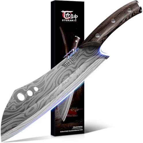 Butcher Knife, 10 Inch Meat Cleaver Chef Knife with Herb Stripper, Japanese Style High Carbon Steel Kitchen Knife for Chopping & Slicing, Damascus Pattern Full Tang Wood Handle Ideal for Gift