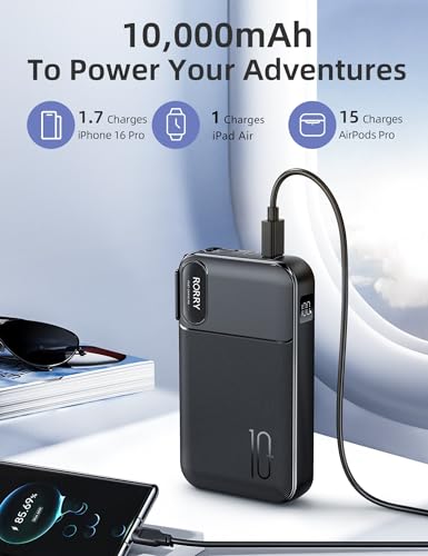 Image of RORRY Portable Charger w /Wall Plug 10000mAh Power Bank 22.5W Battery Pack | Built in Cables, Fast Charging, for iPhone, iPad, Samsung Galaxy, Pixel, LG, Travel Essential, Digital Display, Pocket Size