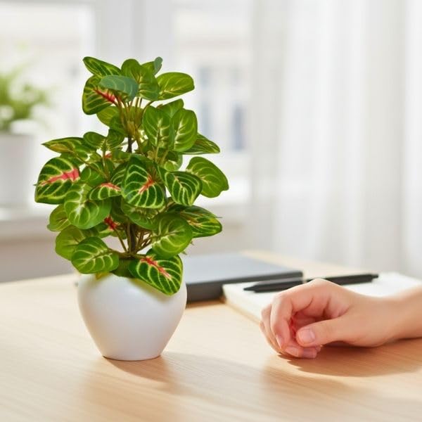 Image of fancymart Artificial Plant Leaves in Apple Pot (30 cm Height) | Small Potted Plant for Office Desk | Home Decor for Living Room | Cafe & Restaurant Table Decoration