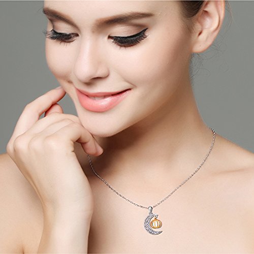 Halloween Jewelry 925 Sterling Silver Moon and Pumpkin Bat Luminous Beads Glow Pendant Necklace, 18 inches2