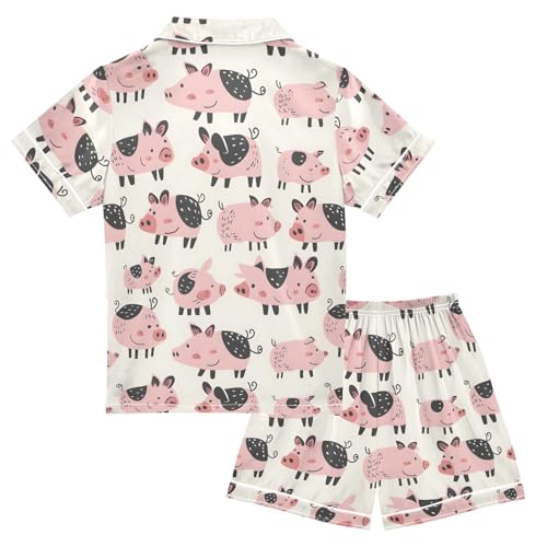 ALAZA Pig Piggy Cartoon Cute Satin Pajamas Set Short Sleeve Button Down Sleepwear Summer Pjs 2 Piece2