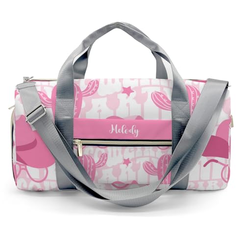 Pink Cowgirl Cactus Custom Duffel Bag with Name, Waterproof Personalized Gym Bag, Travel Sports Overnight Bag with Shoe Compartment & Shoulder Strap