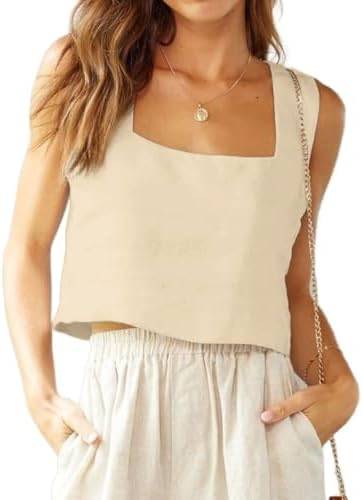 IDEALSANXUN Womens Linen Crop Tank Tops Cute Summer Sleeveless Cr...