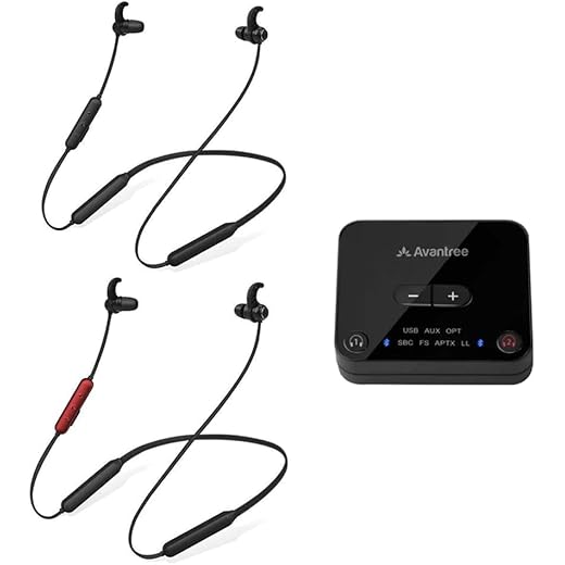 Avantree HT41866 Dual Wireless Headphones Earbuds for TV Watching, Neckband Earphones Hearing Set w/Bluetooth Transmitter for Optical Digital Audio, RCA, 3.5mm Aux Ported TVs, No Audio Delay