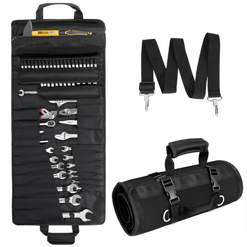 Tool Bag,Large Roll-Up Tool Bag Organizer with 28 Pocket Organizer, 34 Socket Slots, Heavy Duty Portable Tool Storage Carrier Bag for Men,Mechanic,Electrician & Hobbyist,Black