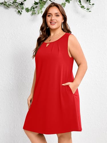 Image of AusLook Plus Size Summer Midi Dress for Women Sleeveless Casual A Line Swing Dress with Pockets Keyhole Neck Beach 1X-5X