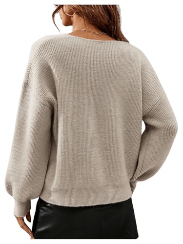 MakeMeChic Women's Solid V Neck Drop Shoulder Sweater Long Sleeve Knitted Pullover Casual Tops2