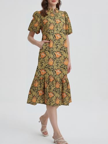 Image of Summer Floral Midi Dress for Women Spring Puff Short Sleeve Button Down Flowy Boho Dresses
