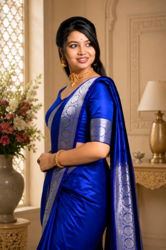 Image of Women's Glory Banarasi Satin Silk Saree Plain Silver Zari | Unstiched Blouse Piece Included.