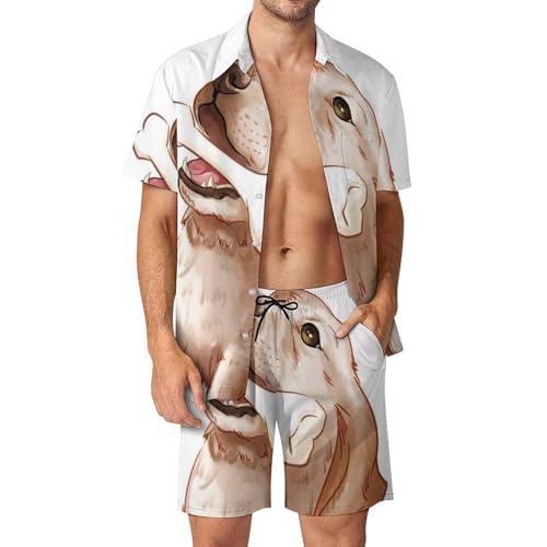 Ensemble Chemise Hawaïenne Hommes Imprimé Chiot Short Fluide Plage Été S