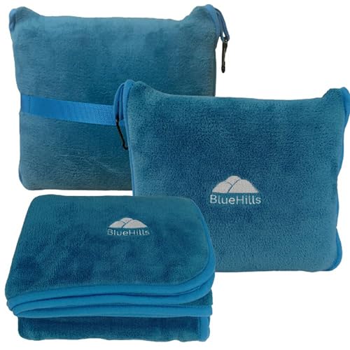 Image of BlueHills Premium Soft Travel Blanket Pillow Airplane Blanket in Soft Bag case with Hand Luggage Belt and Carabiner Compact Pack Large Cozy Blanket for Plane Car Train Teal Blue T022