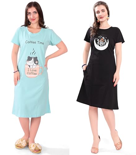 Image of Printed Knee Length Pocket Night Dresses for Women | Cat Lover | Premium Soft Cotton Nighty | Blue and Maroon