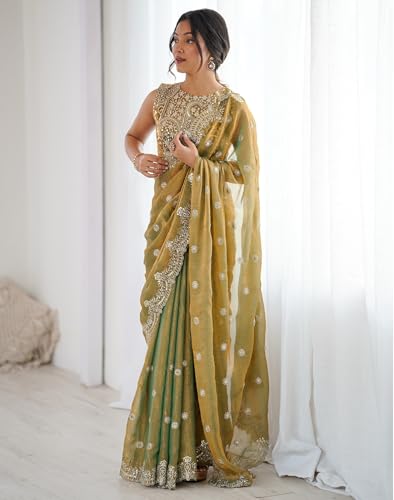 Image of Satrani Women's Shimmer Chiffon Dual Tone Scalloped Border Sequins Embroidery Saree with Unstitched Blouse Piece