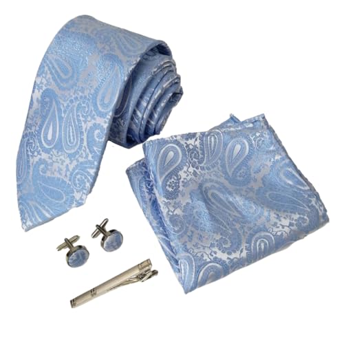 ペイズリー柄 ネクタイ ネクタイピン ハンカチ カフスボタン フォーマル4点セット ライトブルー 簡易装着 ボウタイ メンズ ビジネス 父の日 ファッション おしゃれ プレゼント ギフト 贈り物 お祝い 記念