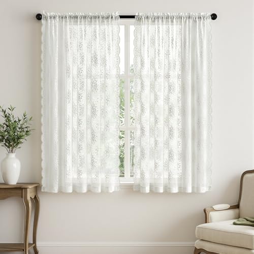 Image of MIULEE Vintage Floral Scalloped Lace Curtains 2 Panels, White 52 inch W x 63 inch L