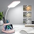 GOLSPARK Desk Lamp for Home Office, Dimmable Desk Lamp with Wireless Charger 3 Color Modes Pen Holder, LED Desk Light for College Dorm Room, Adjustable Gooseneck CRI 90 Pink