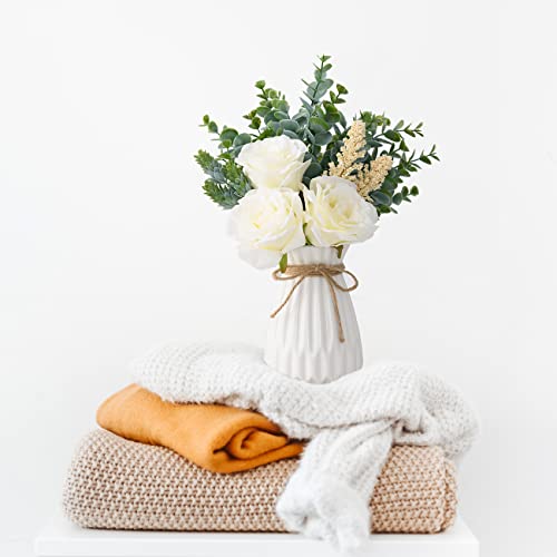 Cozzi Codi Fake Flowers With Vase, Dining Table Decor, Artificial Flowers White Roses In Vase, Silk Faux Flower Arrangements, Rustic Home Office Centerpiece Decorations, Bathroom Plant Decor #TOP2