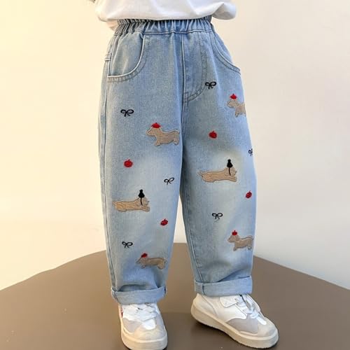 Girls Wide Leg Jeans Kids Baggy 𝐂artoon Embroidery Elastic High Waist Denim Pants Y2k Vintage Streetwear Pants2