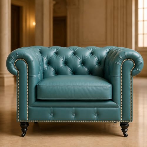Image of Modern Classic Design Leatherette Luxury Chester Sofa Set with Button Tufted, Sofa for Living Room Home, Office, Hotel, Restaurant and Lobby, Living Room Furniture Set (Tel Green, 1 Seater Sofa)