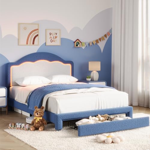 Image of GarveeHome Full Size Bed Frame with LED Headboard for Kids, Sherpa Upholstered Platform Bed Frame with Storage Drawer and Wood Slat Support, No Box Spring Required, Easy to Assemble (Blue, Full)
