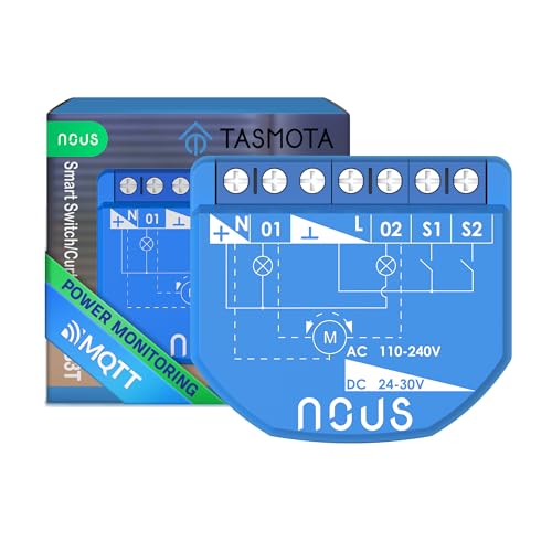 NOUS WiFi Tasmota Schaltmodul 16A 2 Kanäle Mit Leistungsmessung/Vorhangmodul 1 Kanal ESP32 Temp Sensor Matter & MQTT Trockenkontakte Kompatibel Mit Alexa Home Assistant Google Home Apple