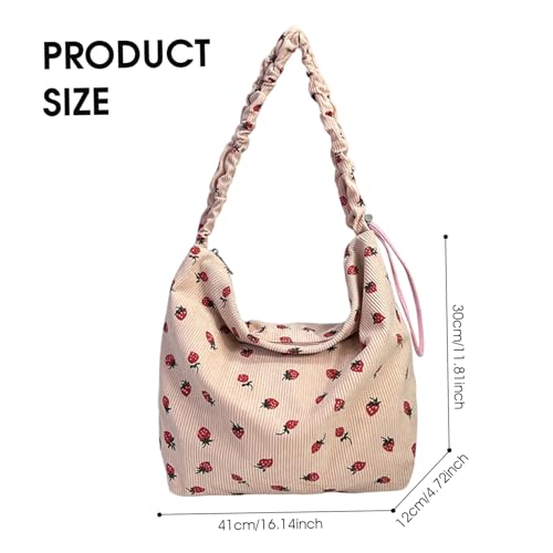 Corduroy Tote Bag, Strawberry Pattern Crossbody Tote Bag with Ruched Strap, Anti-Theft Multi-Purpose Shoulder Handbags for Work Travel Daily Use.3